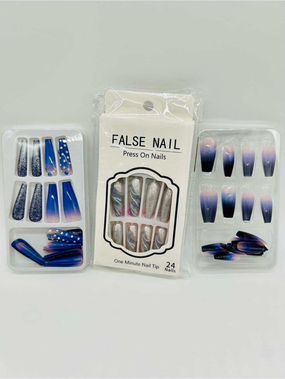 NEW Long Designer Press-On Nails – 3 Sets – 72 Nails – Blue, Black & Glitter